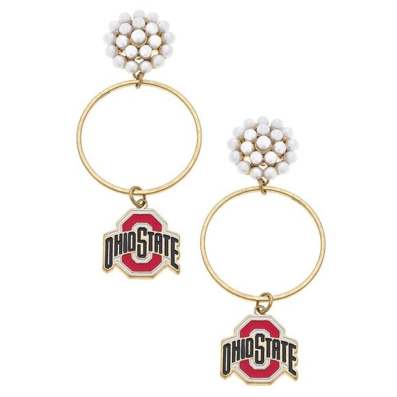 Ohio State Buckeyes Pearl Cluster Enamel Hoop Earrings in Sc - Picture 1 of 2